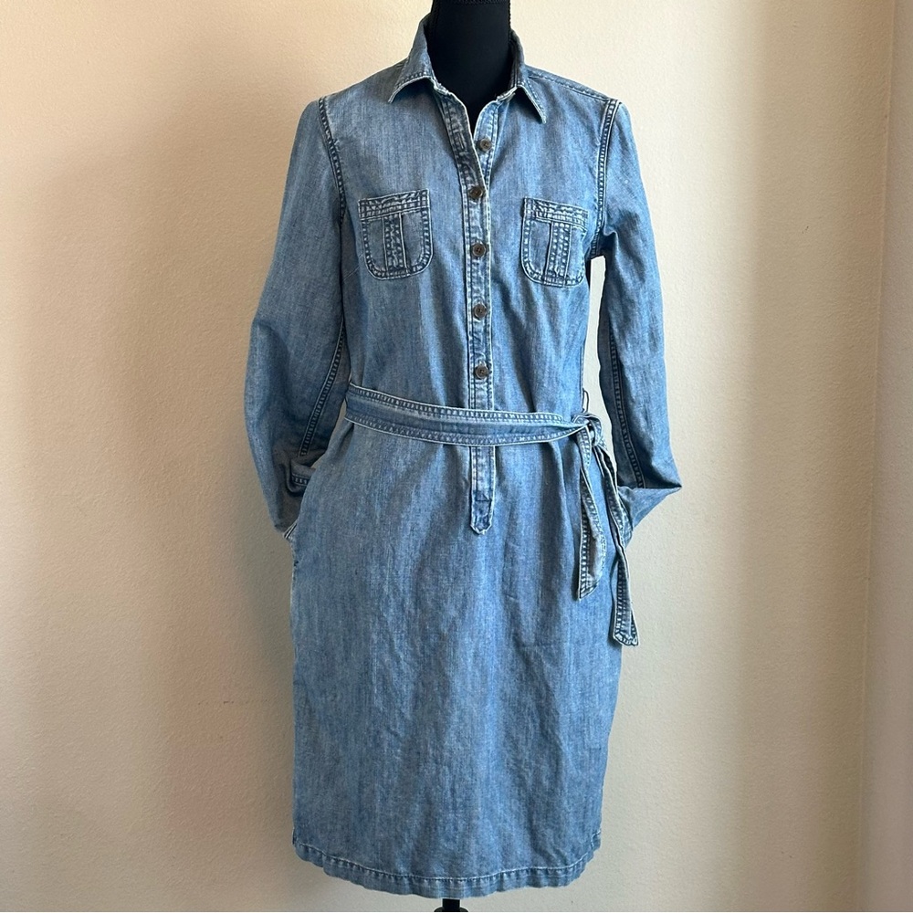 Lands End Belted Denim Shirt Dress Size 6 Long Sleeve Pockets Linen Blend‎